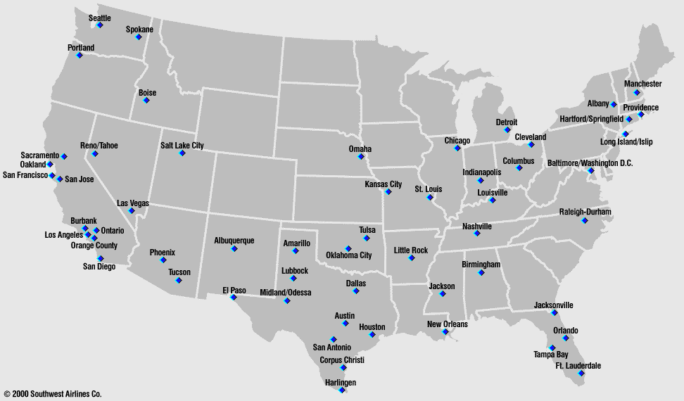 Southwest Airlines Hubs Map Southwest Airlines Route Map