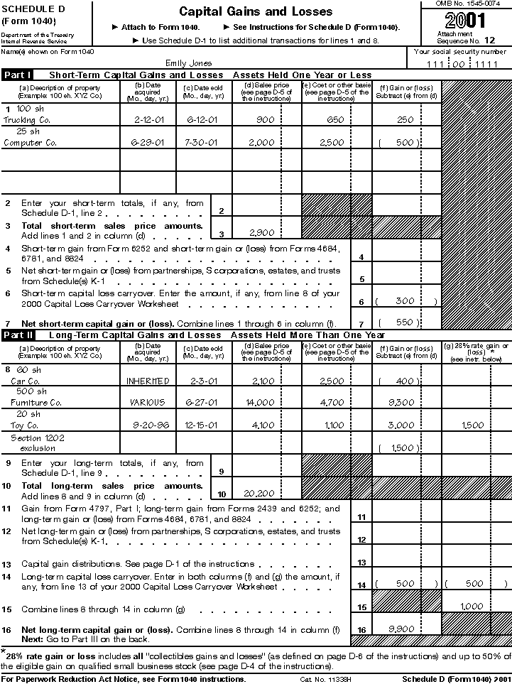 Publication 17, Your Federal Income Tax; Chapter 17 - Reporting Gains and  Losses, Comprehensive Example